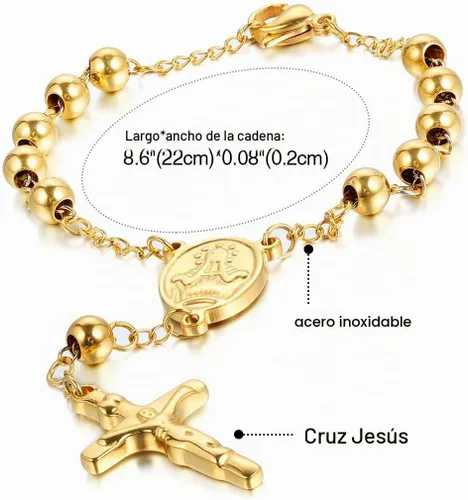 Vista 2 de Cupimatch Pulsera religiosa de acero inoxidable con cuentas de rosario y cruz para hombres y mujeres, 8.6 pulgadas, color dorado