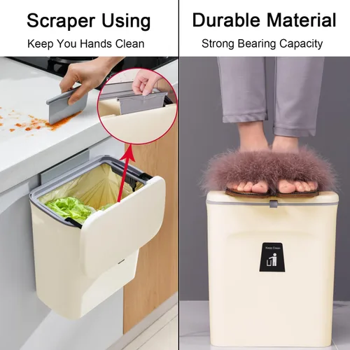 Vista 5 de Tiyafuro Cubo de compost de cocina de 2.4 galones para encimera o debajo del fregadero, cubo de basura pequeño colgante con tapa para armario, baño