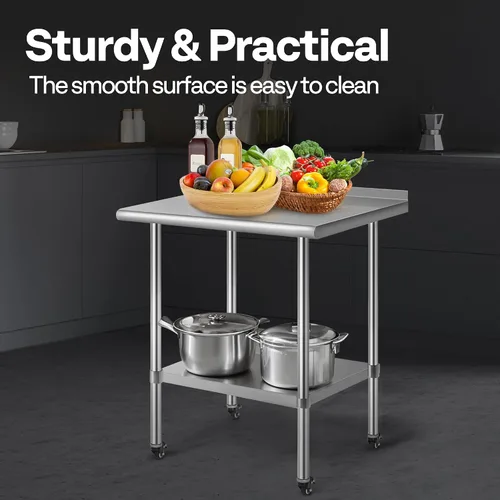 Vista 7 de VIVOHOME Mesa de trabajo de acero inoxidable de 24 x 18 pulgadas con protector contra salpicaduras, mesa comercial de preparación con ruedas