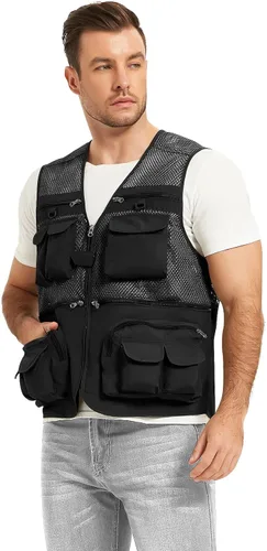 Vista 8 de Chaleco Flygo para hombre, para pesca, trabajo, safari, viaje de reportajes o para actividades al aire libre en verano, con bolsillos
