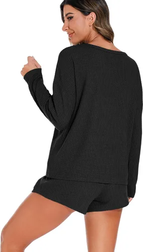 Vista 6 de PrinStory Conjunto de pijama para mujer, conjunto de 2 piezas de punto gofre, conjunto de ropa de descanso con bolsillos