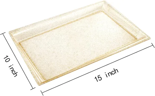Vista 2 de I00000 Paquete de 6 bandejas de servir de plástico con purpurina dorada, 15" x 10" bandejas de comida onduladas, bandejas de servir desechables