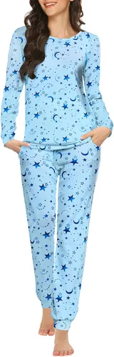 Vista 40 de Ekouaer - Conjunto de pijama de manga larga para mujer, ropa de dormir suave con cuello redondo y bolsillos, conjuntos de ropa de descanso Negro