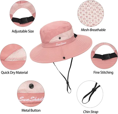 Vista 35 de Sombrero de pesca de playa de ala ancha para mujer, con protección UV, plegable, con agujero para cola de caballo
