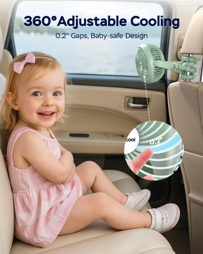 Vista 4 de AMACOOL Ventilador para cochecito de bebé, 5000 mAh, recargable Verde