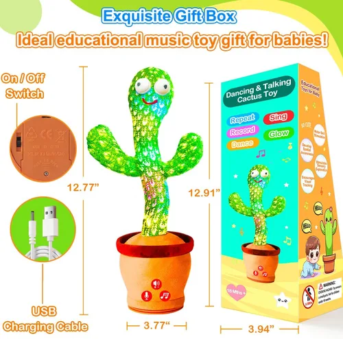 Vista 6 de Juguetes recargables para bebés, juguete de cactus que habla y baila para bebé, volumen ajustable, canto, imitación, repetición, juguetes infantiles