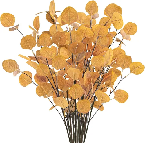 Vista 9 de 4 tallos de hojas artificiales de eucalipto de 33.8 pulgadas, ramas de eucalipto naranjas, flores de otoño falsas para el hogar, chimenea, granja
