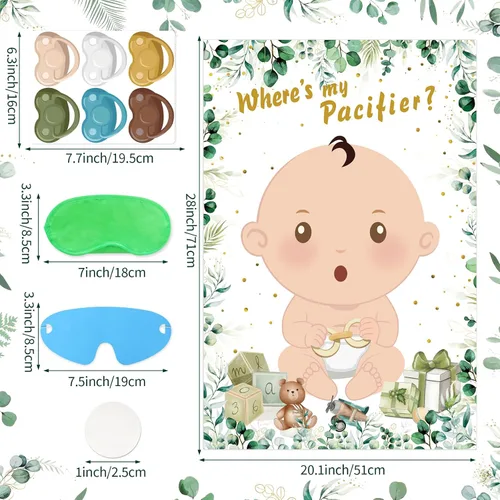 Vista 2 de Hxezoc Juegos de baby shower Pin The Chupete en el juego del bebé con 36 calcomanías para chupete, juegos de póster de bebé verde grande para fiesta
