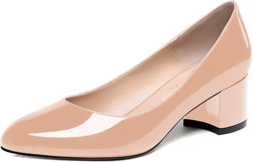 Vista 2 de MODENCOCO Zapatos de tacón bajo grueso de piel de charol para mujer, puntera redonda, de 2 pulgadas