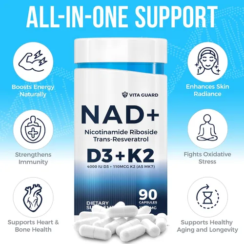 Vista 6 de Suplemento NAD de energía antienvejecimiento - Alternativa NMN con ribósido de nicotinamida 1000 mg, Trans-Resveratrol 300 mg, vitamina D3 4000 UI