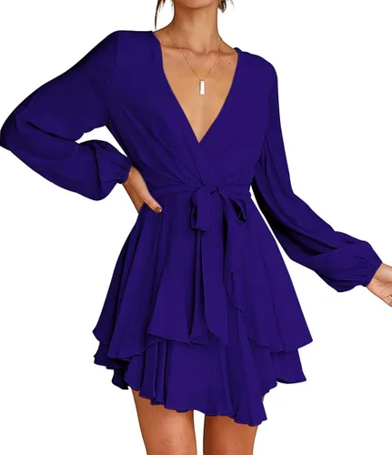 Vista 5 de LYANER Minivestido elegante con volantes para mujer con cuello en V y lazo para mujer