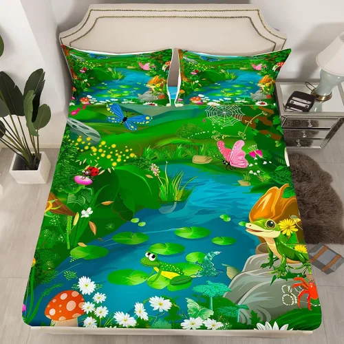Vista 8 de Juego de sábanas bajeras de selva tamaño individual, diseño de mariposas de ensueño, para niños, niños, ramas de árbol, juego de decoración de cama