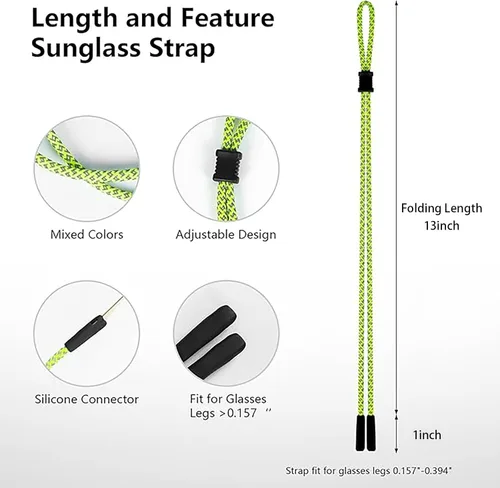 Vista 5 de BILIONE Correas trenzadas fluorescentes para lentes de sol, soporte para gafas de sol alrededor del cuello para hombres, mujeres y niños, cadena