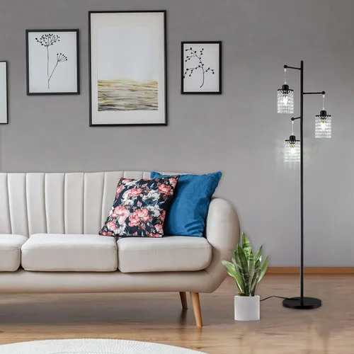 Vista 6 de beaysyty Art Decor Crystal Black Lámpara de pie de 3 luces contemporánea pantalla de cristal para sala de estar, dormitorio, oficina Negro