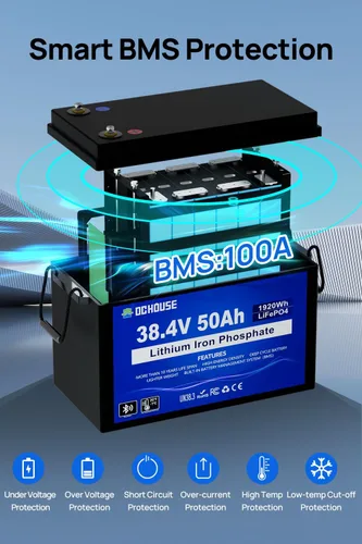 Vista 6 de DC HOUSE Batería Lifepo4 de litio de 36 V 50 Ah integrada 2C 100A Bluetooth BMS, corriente máxima 120A/30s, 450A/1s, corte de baja temperatura