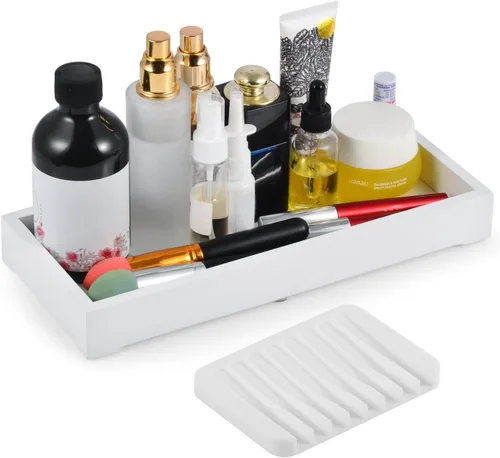 Vista 7 de Bandeja de tocador de madera con bandeja de jabón, organizador superior de inodoro, ideal para tanque de inodoro de baño