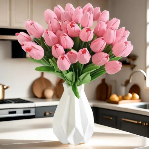 Vista 18 de Tulipanes artificiales de 12 piezas, de tacto real, tulipanes falsos de poliuretano, arreglo floral en ramo para decoración de fiesta en el hogar