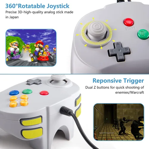 Vista 4 de KIWITATA 2 Pack Retro N64 Controller kiwitatá Mini N64 Wired 64-bit Remote Joystick Video Gamepad Controller for N64 Video Console Gray