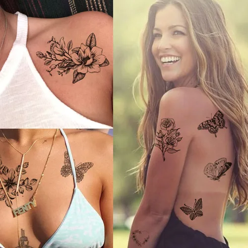 Vista 5 de Tazimi 6 hojas de tatuajes temporales de mariposa de flores negras para mujeres y niñas, de larga duración, realistas, impermeables, tatuajes falsos
