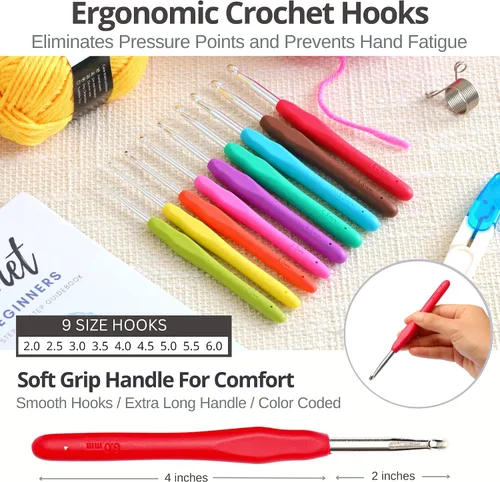 Vista 3 de Piccassio Kit de ganchillo para principiantes, juego completo de iniciación para adultos y adolescentes con 20 colores de hilo, ganchos, libro