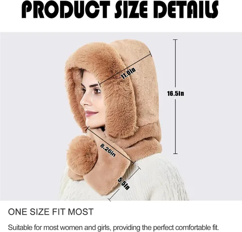 Vista 3 de Gorro de forro polar holgado de una pieza para mujer, bufanda con capucha, pasamontañas, cálido invierno, resistente al viento, con cordón