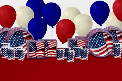Vista 7 de Platos de papel del 4 de julio, juegos de platos desechables del 4 de julio, suministros para fiestas patrióticas de bandera estadounidense, platos