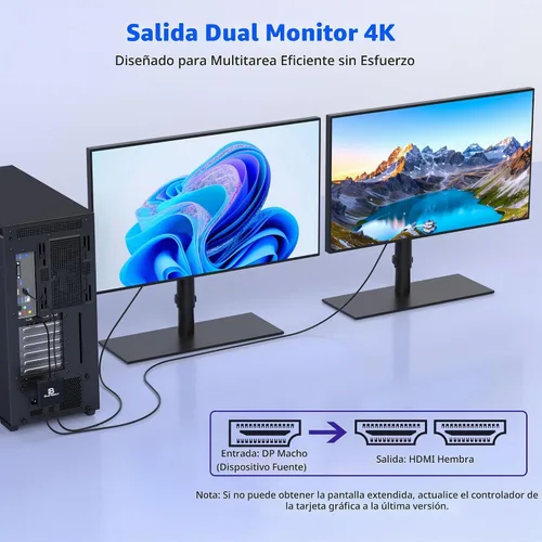 Vista 3 de Divisor DisplayPort a HDMI dual 4K a 60Hz, alimentado por USB-C, DisplayPort 1.4 MST Hub DP a HDMI 1 en 2 salidas divisor para monitores duales modo
