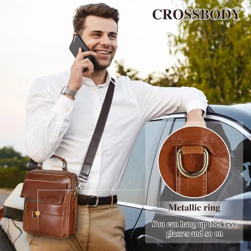 Vista 7 de BAIGIO Bolso bandolera de cuero genuino para hombre, bolso de mensajero pequeño para hombre, bolso de cuero para regalo de padre