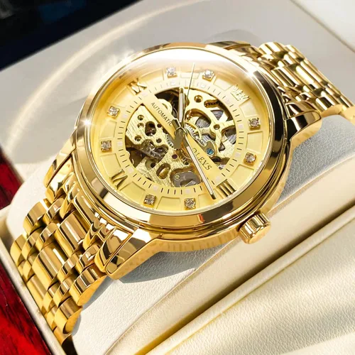 Vista 2 de OLEVS Reloj mecánico automático de esqueleto dorado para hombre con cuerda automática vestido de lujo brillante acero inoxidable resistente al agua