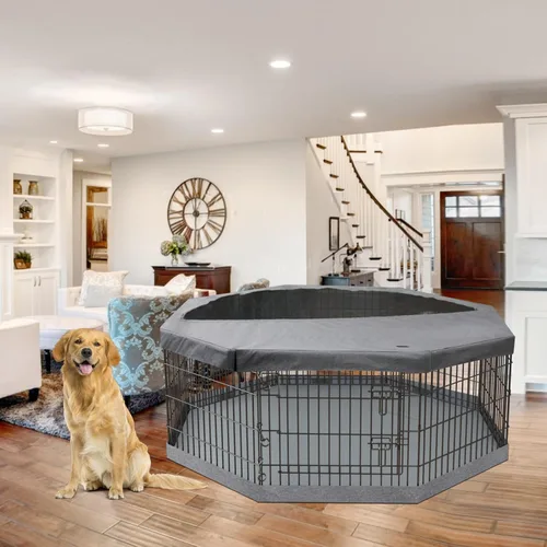 Vista 26 de PETIME - Corral plegable de metal para ejercicio de perros/Parque de juegos para cachorros con 8 paneles para interior/exterior, valla de patio
