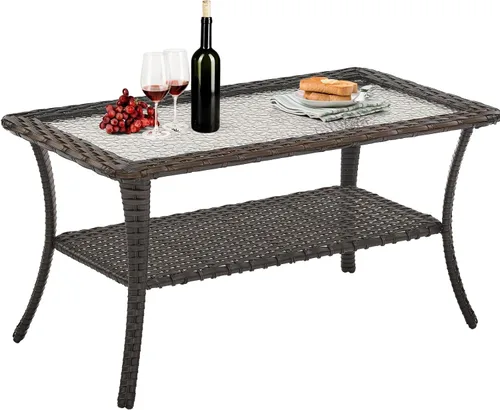 Vista 26 de Belord Mesa auxiliar pequeña para exteriores, mesa de mimbre de vidrio templado, mesa de centro impermeable para patio, mesa auxiliar de ratán