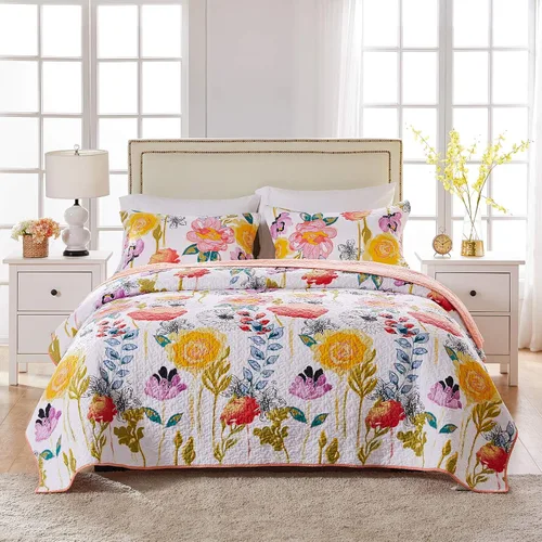 Vista 2 de Juego de cobija con diseño en acuarelas de Greenland Home Fashions, Algodón, Multicolor, gemelo