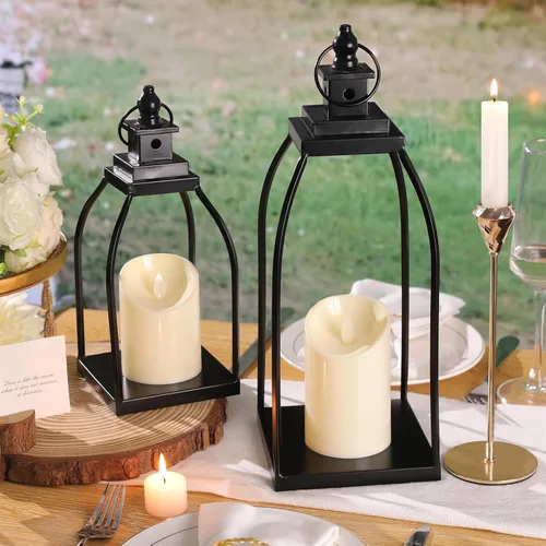 Vista 8 de DARJEN Farol Moderno de Granja para Decoración de Exteriores e Interiores - Faroles de Vela de Metal Negro de 15'' 12'' para Navidad, Faroles