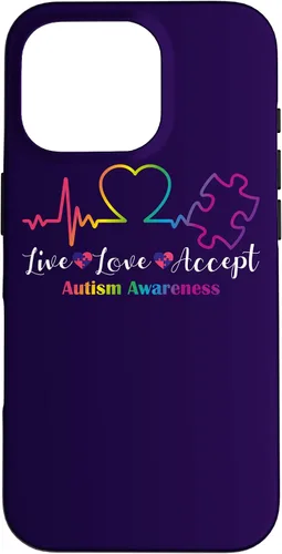 Vista 20 de Funda para iPhone 13 Pro Max Live Love Acept Autismo Concientización ECG Línea de Pulso Autismo Mamá