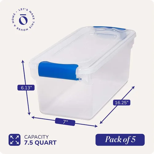 Vista 4 de HOMZ Paquete de 5 cubos organizadores de almacenamiento de plástico transparente, 7.5 cuartos de galón, pestillo azul, contenedores organizadores