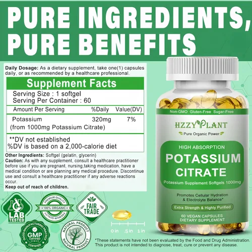 Vista 8 de Cápsulas blandas de suplemento de potasio, citrato de potasio de alta absorción, 1000 mg para equilibrio electrolítico muscular, corazón y soporte