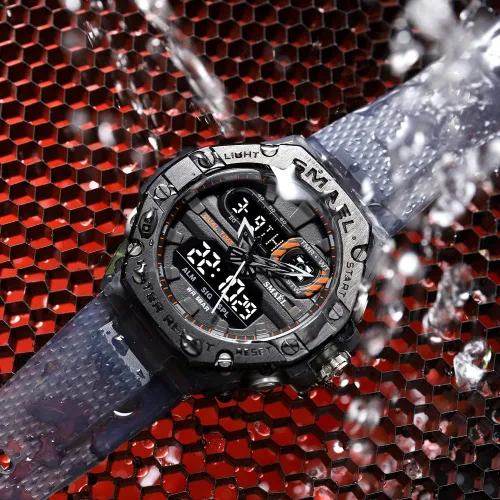 Vista 2 de SMAEL Reloj deportivo para hombre, reloj de doble tiempo para hombre, reloj de luz LED, alarma 8066, reloj deportivo de moda, reloj de pulsera