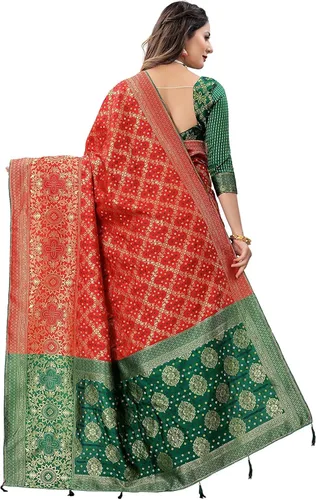 Vista 2 de Indian Hawker Banarasi Bandhani - Sari tejido de mezcla de seda de algodón para mujer con blusa sin costuras
