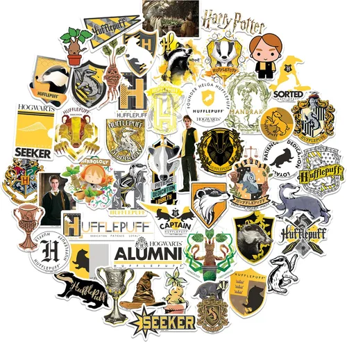 Vista 7 de Harry Potter Hufflepuff Theme - Calcomanías de vinilo de 50 unidades – Crestas de casa, símbolos de tejón y diseños de personajes para laptop