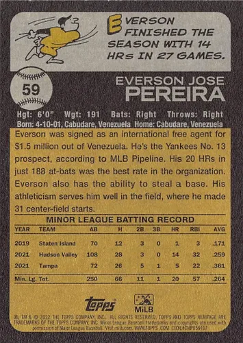 Vista 2 de 2022 Topps Heritage Minors #59 Everson Pereira