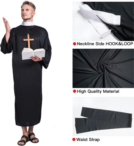 Vista 4 de EraSpooky - Disfraz de sacerdote para hombre para Halloween adulto monje o amigo para hombre fiesta de disfraces divertida