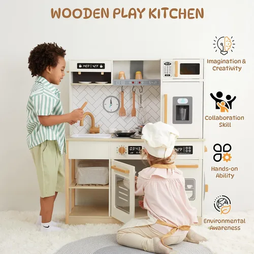 Vista 6 de Freniland Cocina de juego de madera, juego de cocina para niños con luz y sonido reales, máquina de hielo realista, estufa y horno, juguete