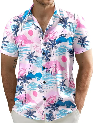 Vista 11 de JOGAL - Camisa hawaiana de Aloha para hombre, manga corta, diseño de flores Negro Blanco Línea