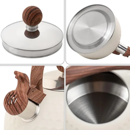Vista 6 de Whistling - Tetera de acero inoxidable con mango anticalor de grano de madera, cubierta cilíndrica de acero inoxidable de grano de madera, 2.6