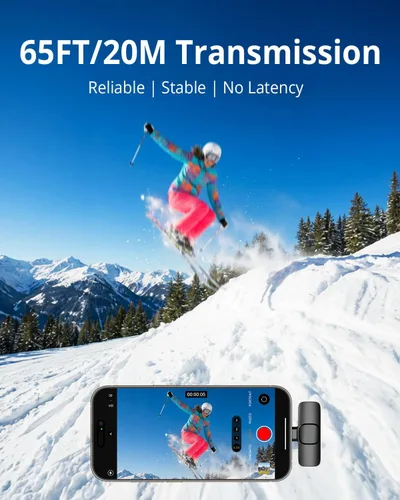 Vista 5 de Micrófono Lavalier inalámbrico para iPhone, Android, iPad, tabletas, mini micrófono Bluetooth con cancelación de ruido, transmisión de 65 pies