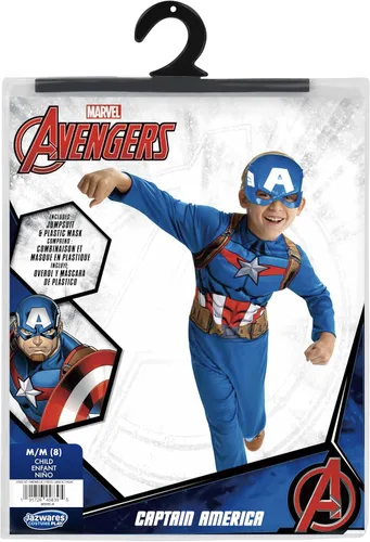Vista 2 de Marvel - Disfraz oficial del Capitán América, overol de tela premium con diseño impreso y media máscara de plástico