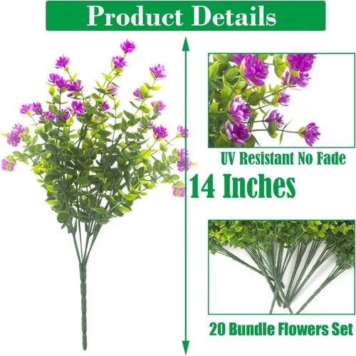 Vista 2 de Grunyia 20 paquetes de flores artificiales resistentes a los rayos UV, flores falsas que no se decoloran, plantas sintéticas para jardín, porche