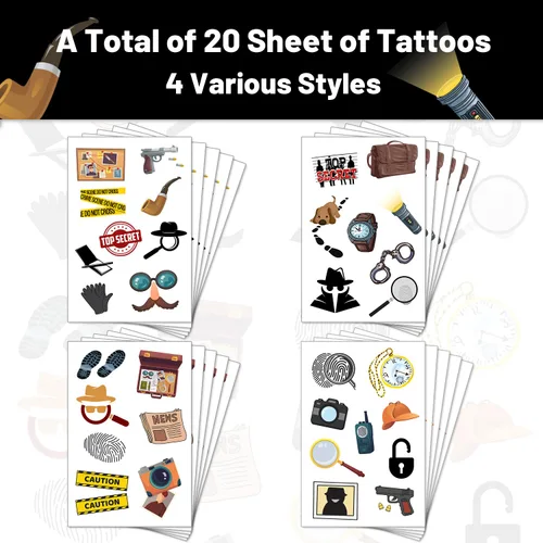 Vista 2 de 20 hojas de tatuajes temporales de detective espía de agente secreto, pistas de detective misterioso, recuerdos de fiesta, accesorios de decoración