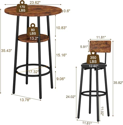 Vista 6 de Juego de mesa de comedor de 3 piezas para 2, pequeña mesa de cocina redonda con 2 sillas, mesa de bar de altura de mostrador con almacenamiento