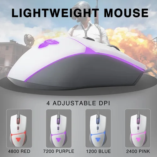 Vista 3 de Fantech Mouse ligero para juegos con cable blanco 8000 DPI 4 modos de retroiluminación RGB 6 botones programables mouse ergonómico para computadora